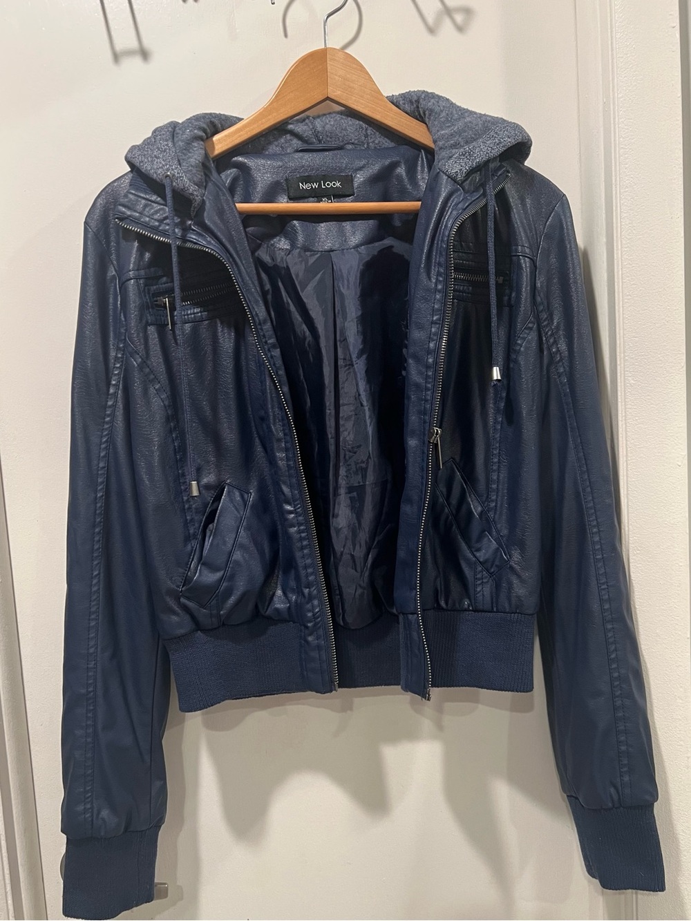 New Look Navy Faux Leather Hooded Bomber